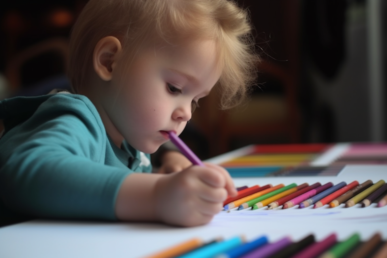Jeune enfant choisissant une couleur parmi une rangée de feutres