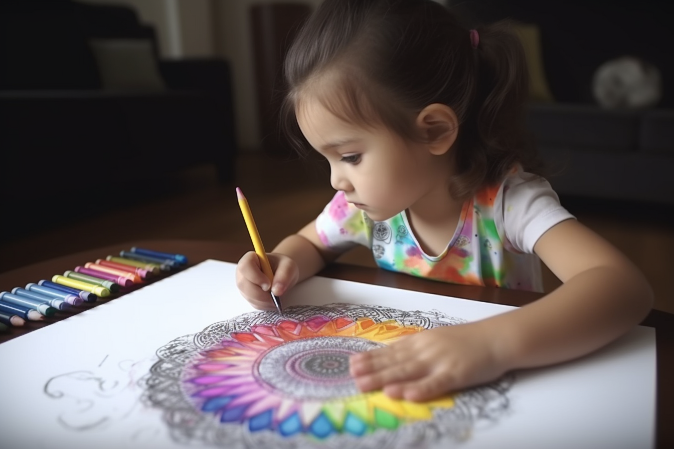 Enfant coloriant un motif détaillé avec des feutres alignés à côté