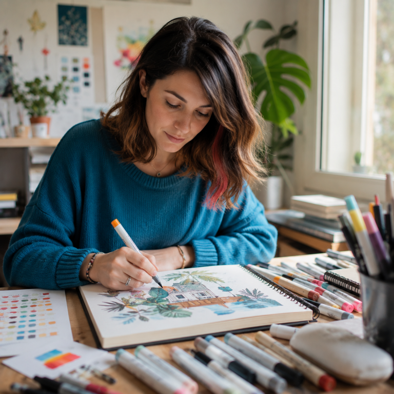Manon, fondatrice de Meilleurs-feutres.com, dessine aux feutres à sa table de travail